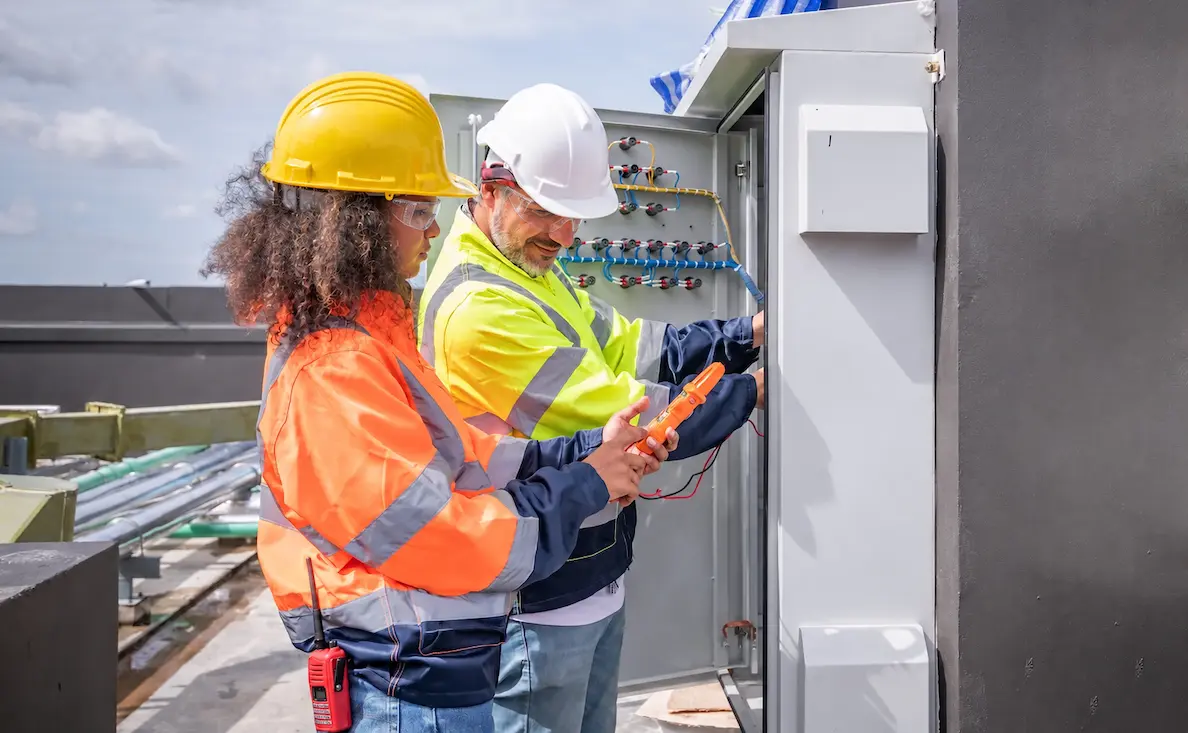 woman and man working on utilities power system